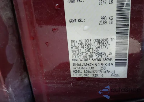 2012 Nissan Altima Base из США, поврежденный, VIN 1N4AL2AP8CN519345